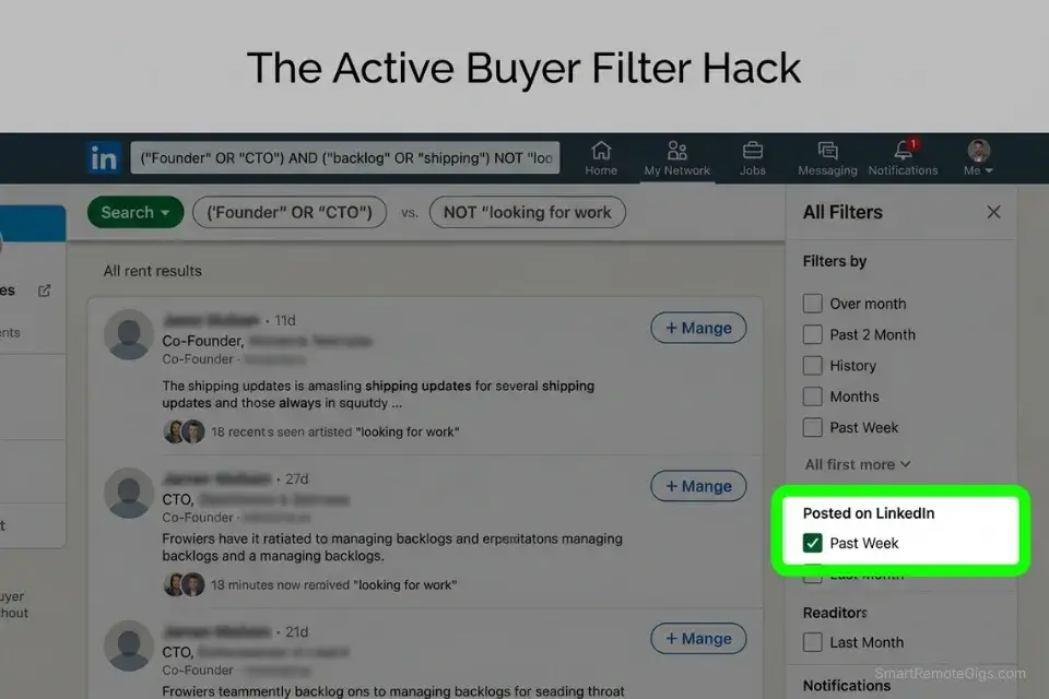 Screenshot of LinkedIn Boolean search strings and the Past Week activity filter showing how to find clients on linkedin without posting.