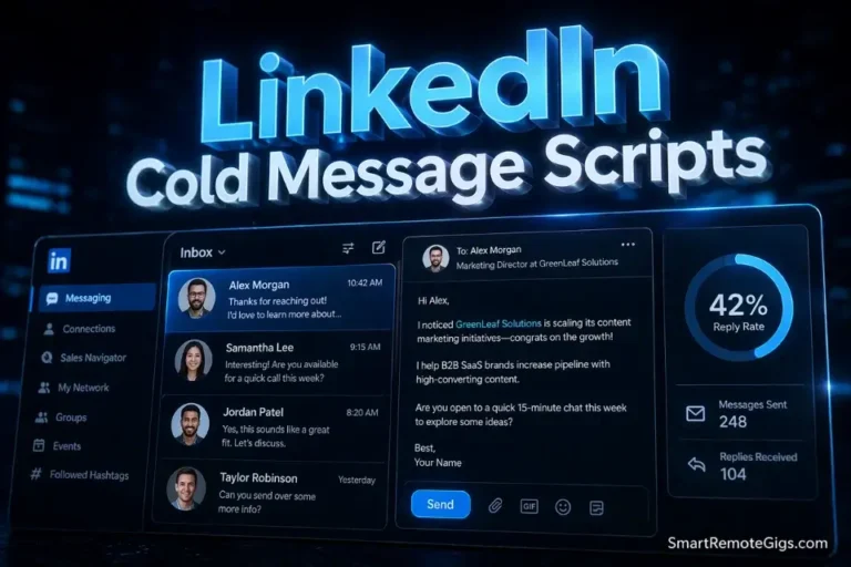 3D glowing text showing LinkedIn Cold Message Scripts 2026 over a sleek messaging interface for B2B freelancers.