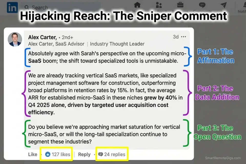Annotated screenshot breaking down the 3-part sniper comment formula used to figure out how to find clients on linkedin without posting.