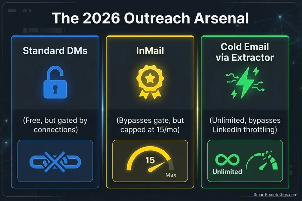 Infographic comparing the deliverability and costs of Standard DMs, InMails, and Cold Email when using a linkedin cold messaging script for freelancers.