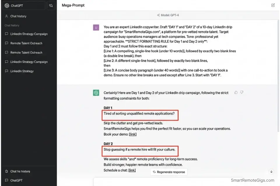 Screenshot proving the mega-prompt formatting constraints working inside an AI social media post generator for LinkedIn.