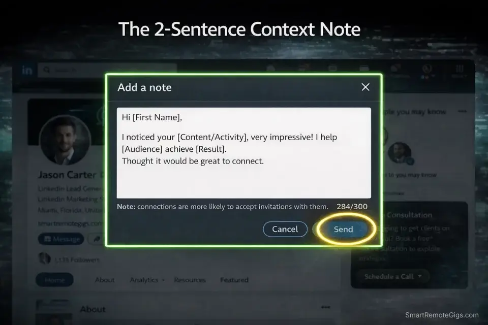 Screenshot of the LinkedIn connection request note interface showing a personalized message to get freelance clients on linkedin.