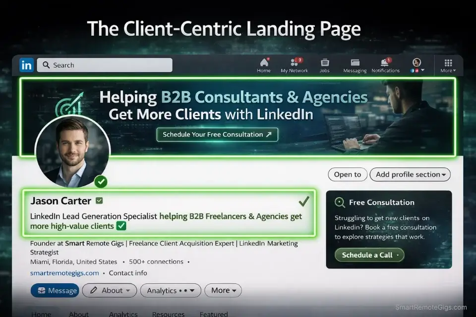 Screenshot of an optimized LinkedIn profile headline designed to get freelance clients on linkedin.