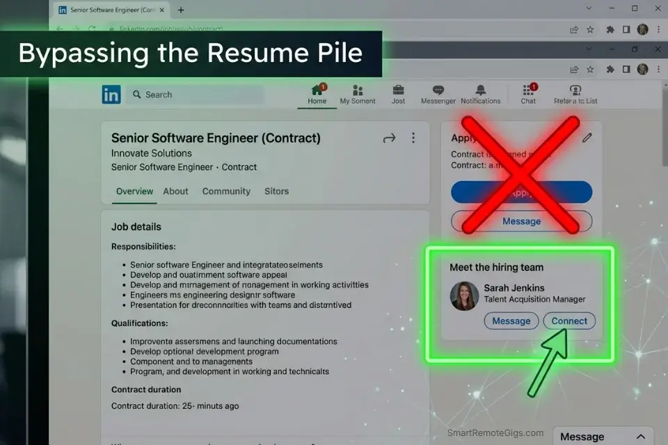 Screenshot of a LinkedIn contract job listing showing how to bypass the apply button to message the hiring manager and how to find clients on linkedin without posting.