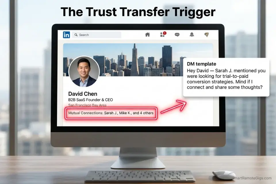 Screenshot of the mutual connections feature used to build a warm linkedin cold messaging script for freelancers.