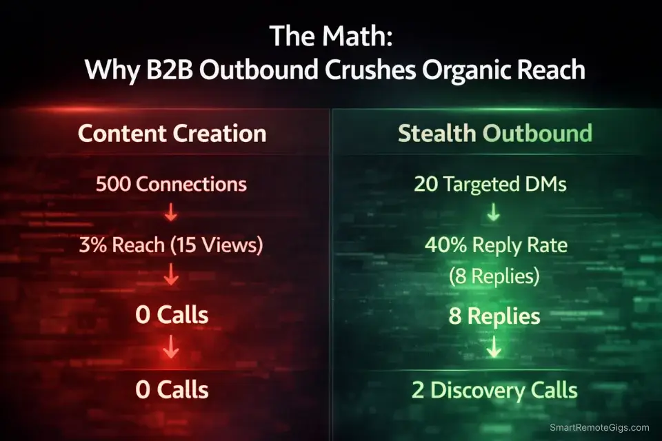 Infographic comparing the low organic content reach to the high conversion rates of targeted outbound messages to get freelance clients on linkedin.