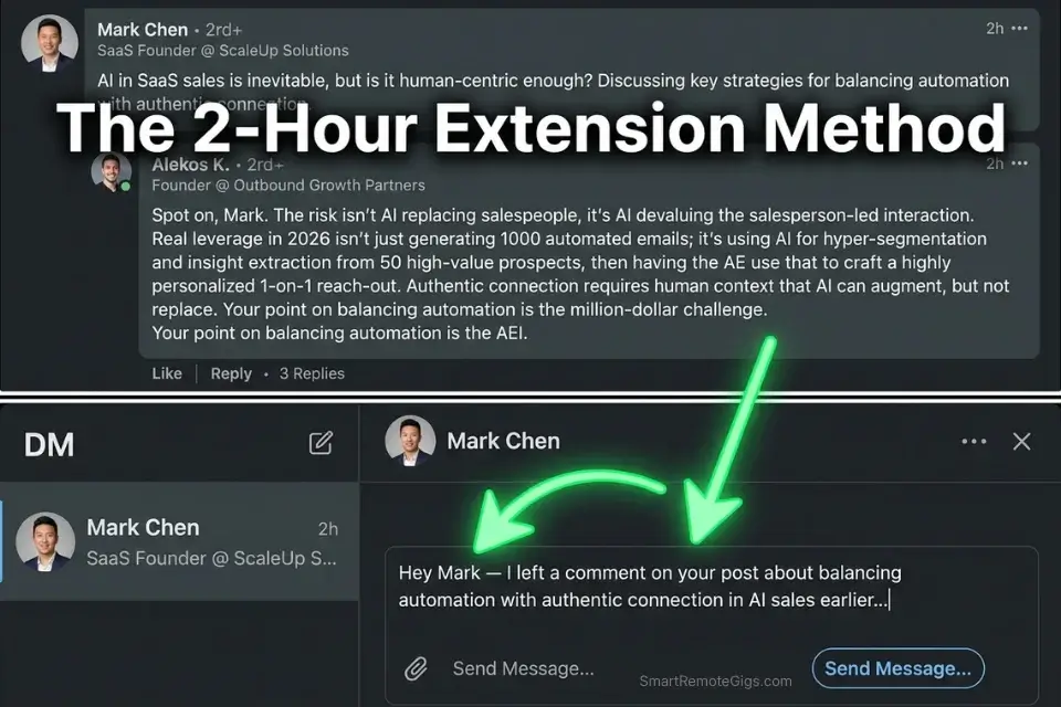 Screenshot sequence showing a substantive public comment transitioning into a direct linkedin cold messaging script for freelancers.