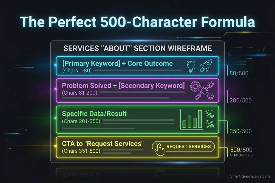 Infographic breaking down the 500 character limit formula for the about section during linkedin services page optimization 2026.