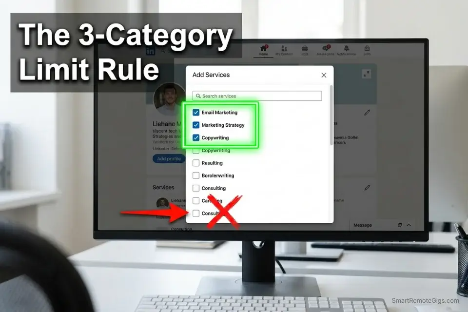 Screenshot of the LinkedIn category selection UI demonstrating how to avoid algorithm penalties during linkedin services page optimization 2026.