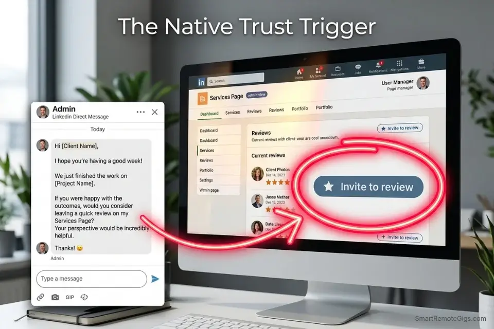 Screenshot highlighting the native Invite to Review button used for social proof in linkedin services page optimization 2026.