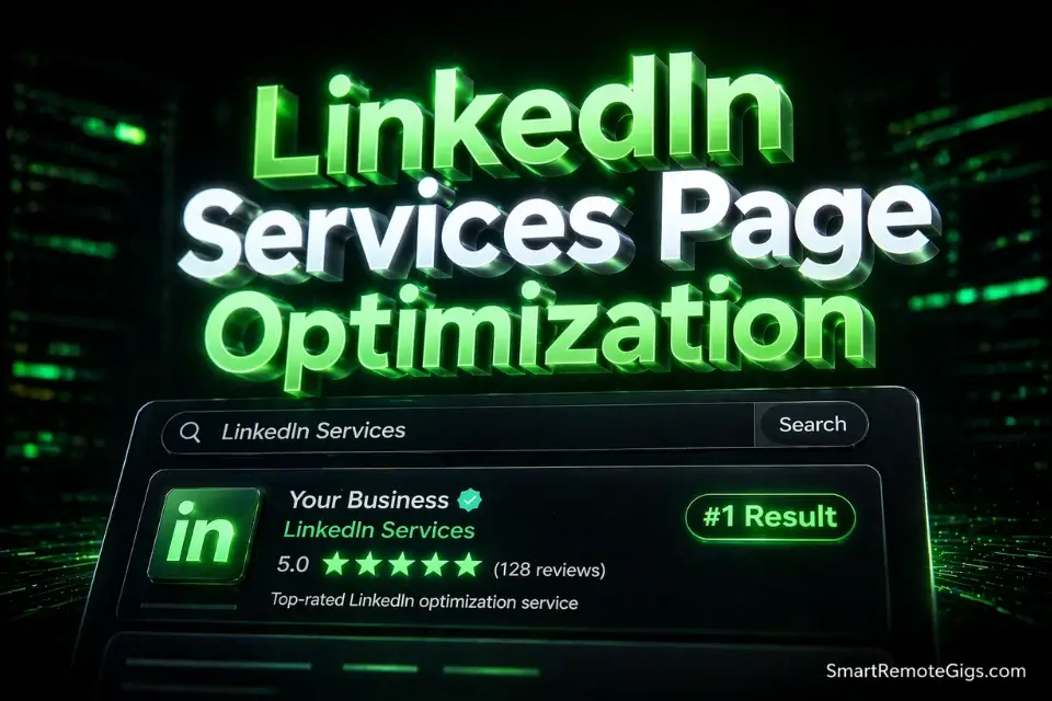 3D glowing text showing LinkedIn Services Page Optimization 2026 over a sleek 5-star review dashboard interface.