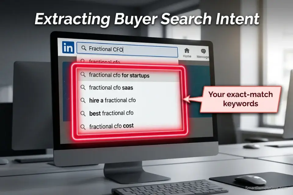 Screenshot of the LinkedIn search bar showing autocomplete keywords used for linkedin services page optimization 2026.