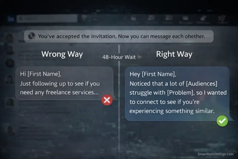 Mockup of a high converting soft ask LinkedIn DM sequence used to get freelance clients on linkedin.