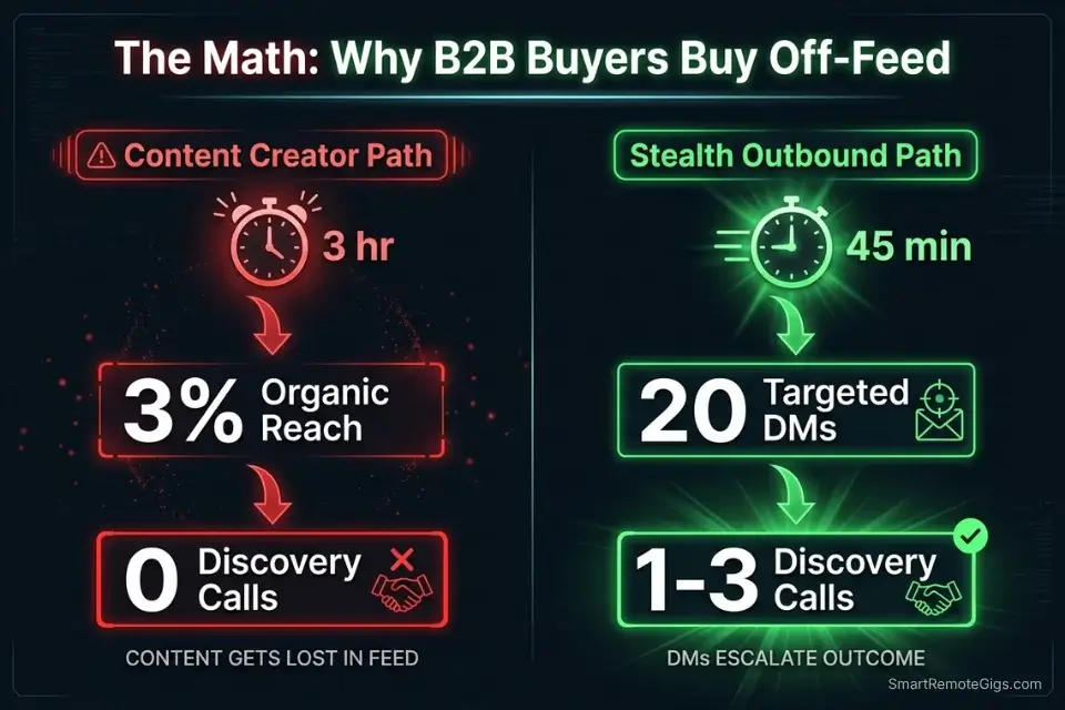 Infographic comparing the low ROI of content creation to the high ROI of direct outreach to learn how to find clients on linkedin without posting.
