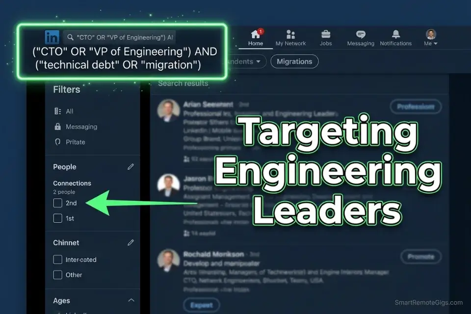 Screenshot of a LinkedIn Boolean search string targeting CTOs and Engineering VPs for technical upwork vs linkedin for freelancers.