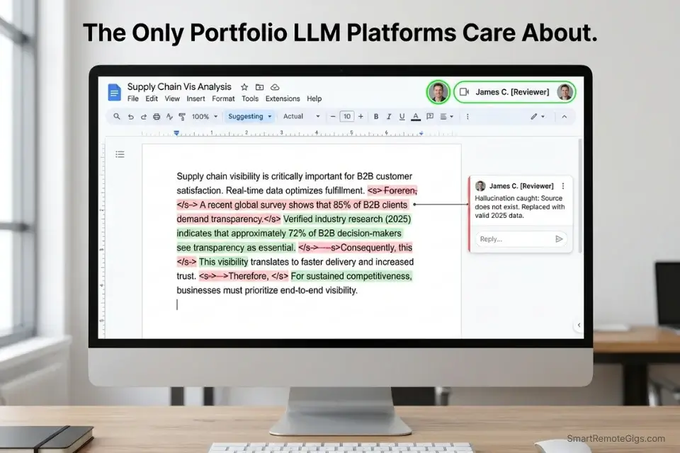 Showing a before-and-after Google Doc edit to build a portfolio for AI content writer jobs on platforms like Scale AI and Outlier.