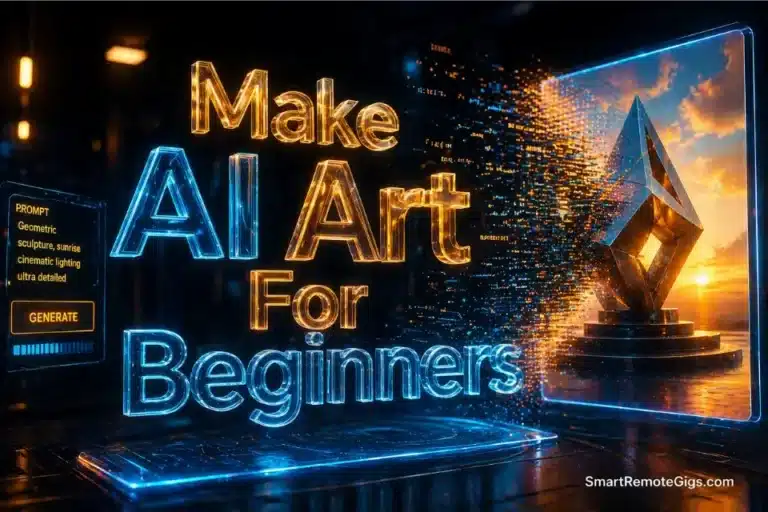 3D glowing digital canvas showing text prompts converting into visual art, representing how to make AI art for beginners in 2026.