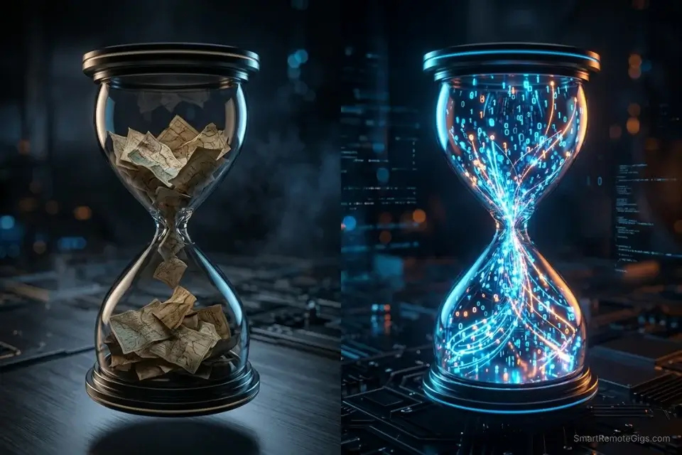 A 3D conceptual illustration of glowing hourglasses representing the time-saving ROI of automating AI travel planner exports to Google Maps.
