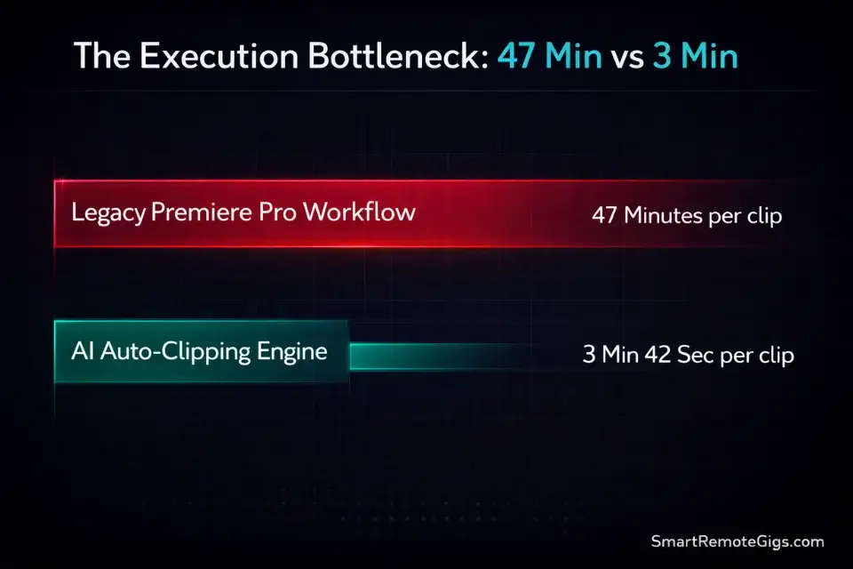 Infographic comparing the 47-minute manual video editing workflow against the 3-minute AI video processing speed.