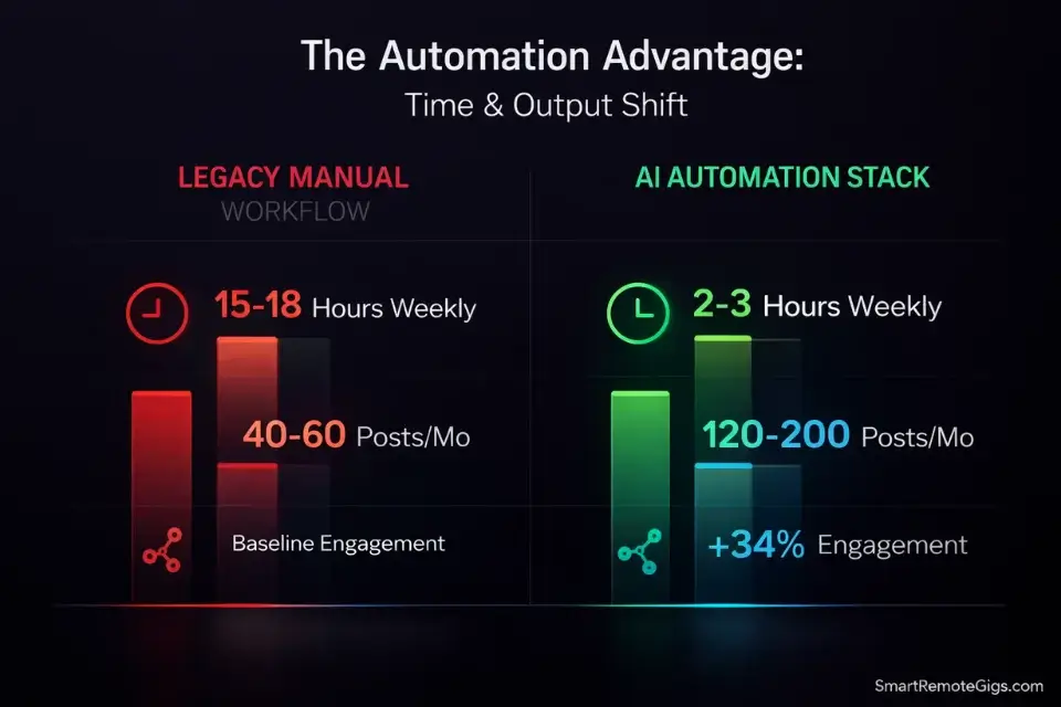 Comparison chart showing time saved and output increased by using an AI social media post generator and automation stack.