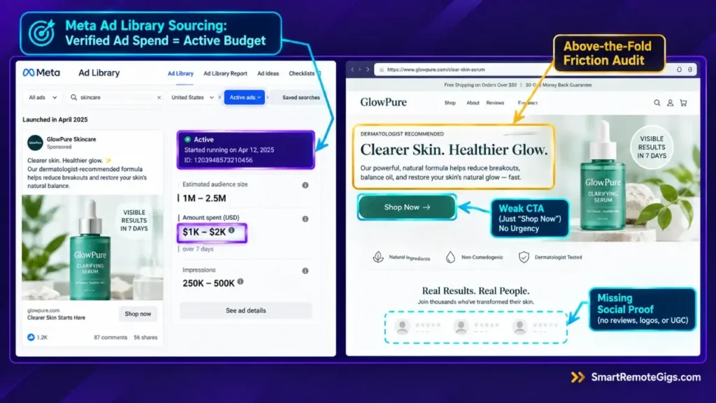 Meta Ad Library screenshot showing how to audit active D2C e-commerce ads and landing pages for copywriting client outreach.