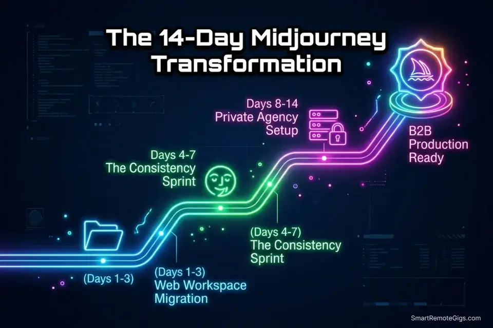 A 14-day roadmap graphic detailing the transition from public Discord user to a private B2B Midjourney agency pipeline.
