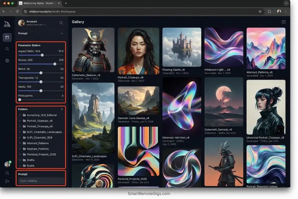 Midjourney Alpha Web UI workspace showing organized client folders and visual parameter sliders instead of Discord text commands.