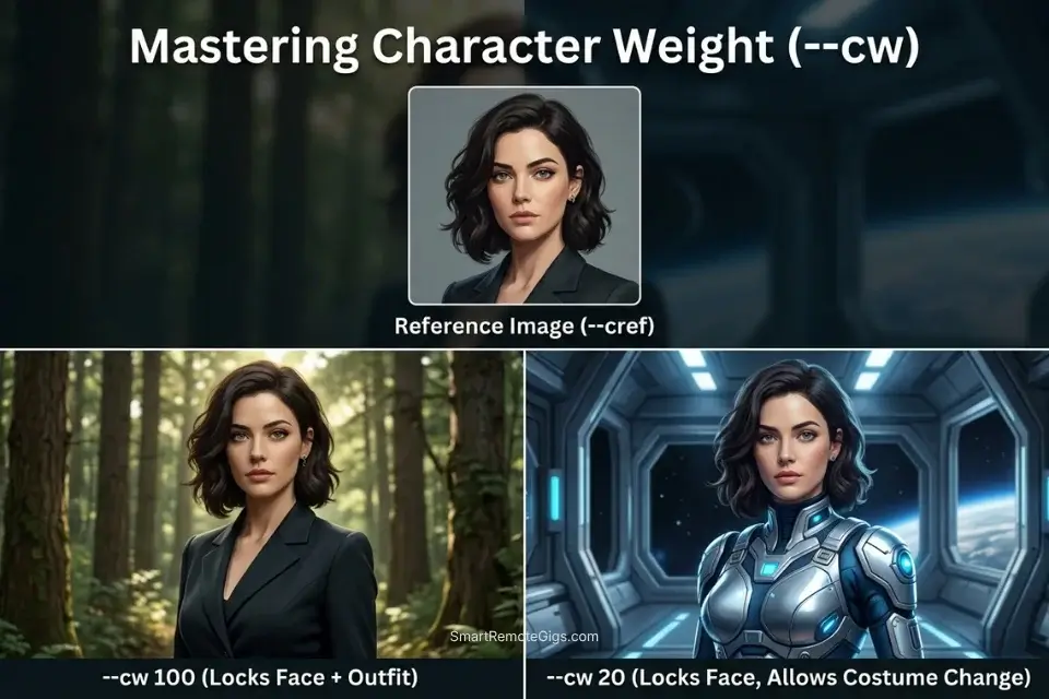 Infographic comparing Midjourney character weight parameter 100 versus 20 to show outfit variation while maintaining facial consistency.