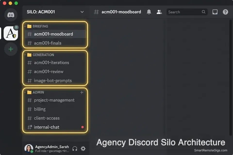 Private Discord server setup showing specific channel categorization for Midjourney client work and asset delivery.