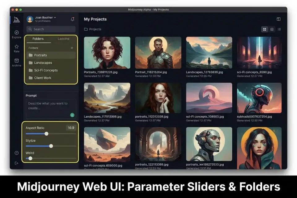 Midjourney V7 web interface showing parameter sliders and folder organization for freelance designers.
