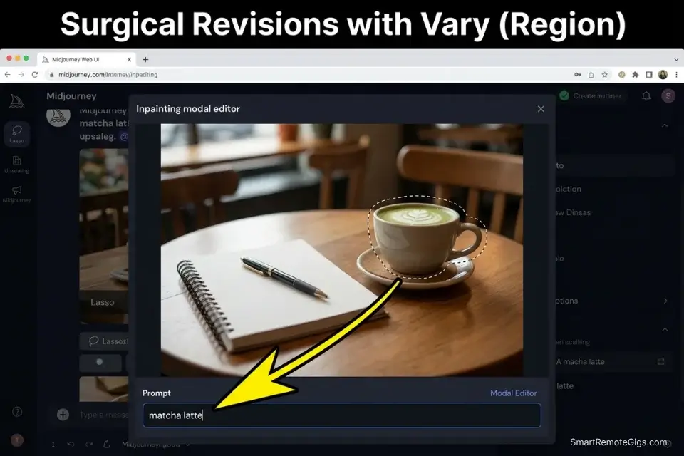 Midjourney Vary Region inpainting editor showing a lassoed coffee cup being replaced by a matcha latte using a targeted text prompt.