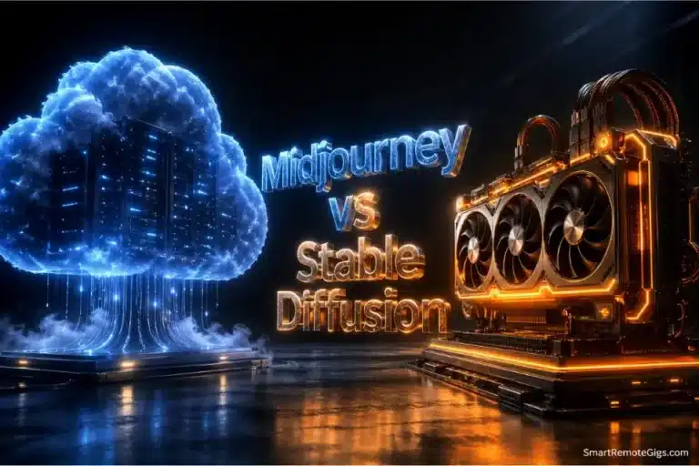 3D glowing text reading Midjourney vs Stable Diffusion comparing cloud AI generation to local GPU hardware.