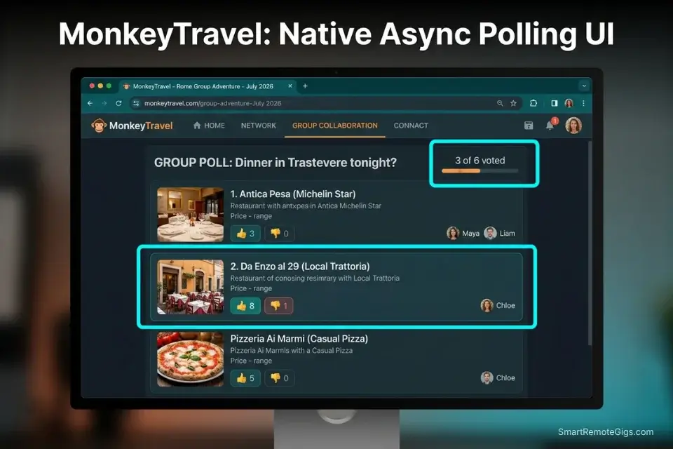 A screenshot of the MonkeyTravel AI group travel planner interface demonstrating the asynchronous team voting feature.