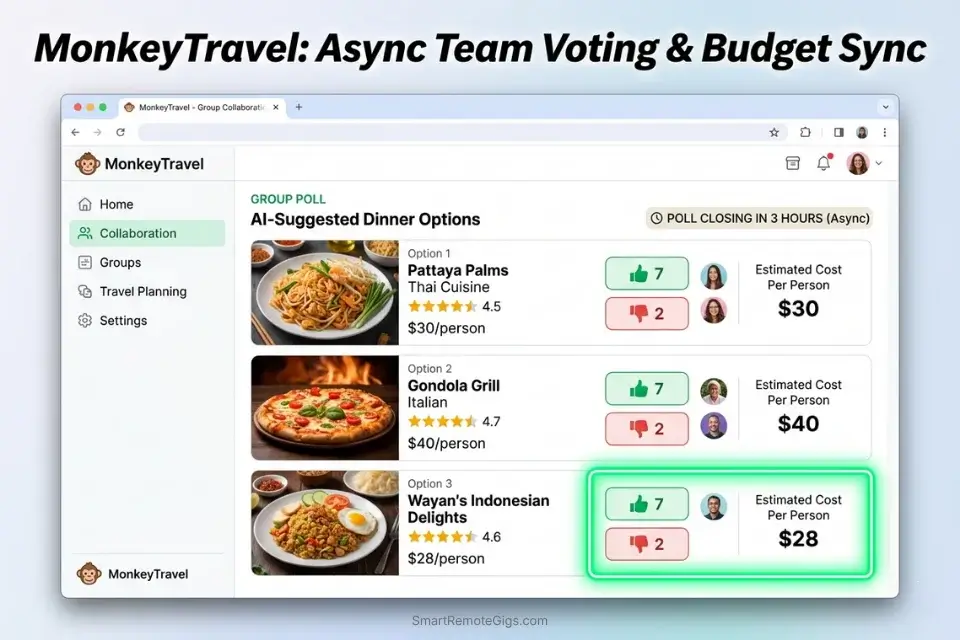 The MonkeyTravel free AI travel planner interface demonstrating group voting and per-person budget tracking for remote team retreats.