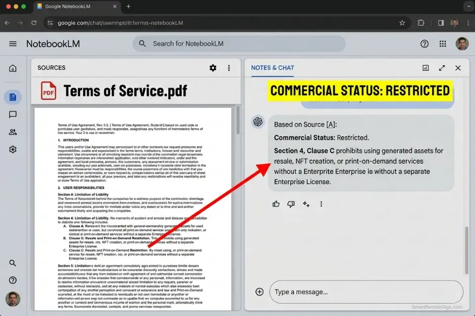 Screenshot of NotebookLM analyzing an AI platform's Terms of Service to extract hidden commercial use restrictions.
