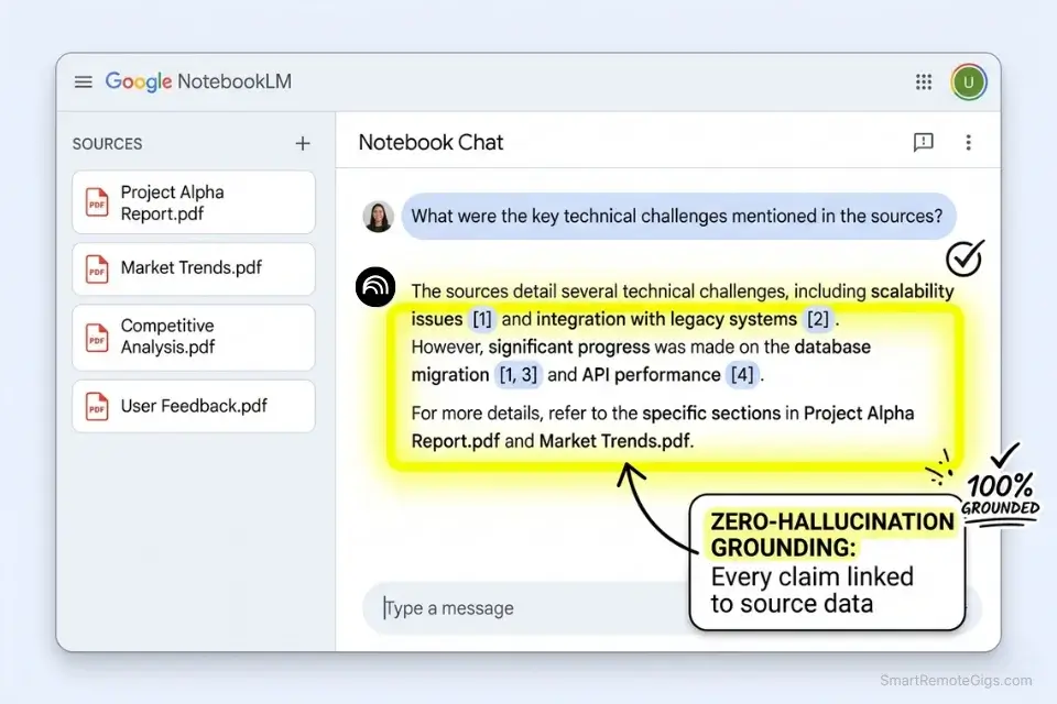 Screenshot of NotebookLM free AI tool displaying document-grounded research and inline citations.