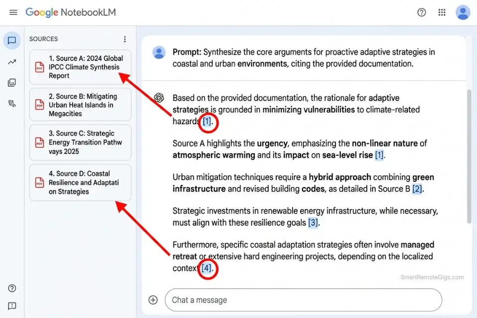 Screenshot of NotebookLM free tier highlighting inline citations pulled strictly from uploaded documents.