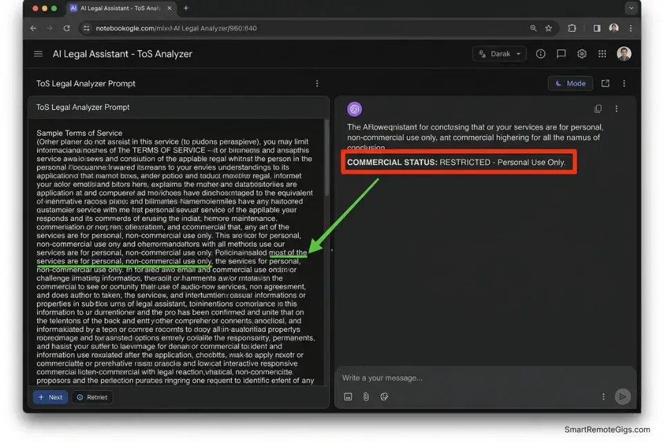 Screenshot of an AI analyzing a free image generator's Terms of Service to extract hidden commercial use restrictions.