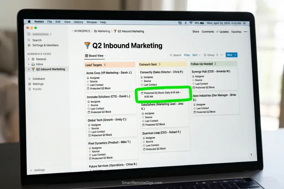 Screenshot demonstrating how freelancers use Notion to manage their Quadrant 2 marketing pipeline and protect lead generation time.