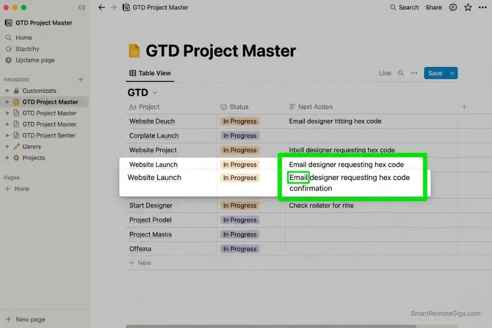 Notion workspace illustrating a GTD repository that converts vague projects into actionable physical verbs.