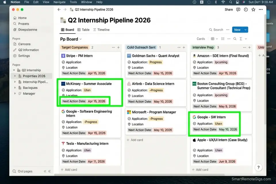 Notion workspace illustrating a student's Quadrant 2 internship application pipeline and tracking database.