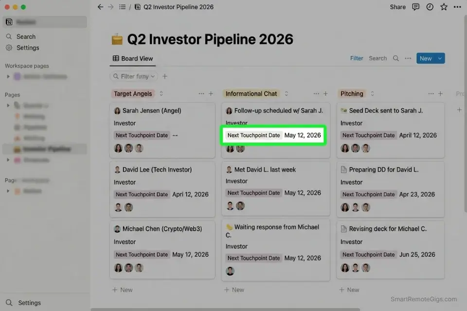 Notion workspace illustrating a founder's Quadrant 2 investor CRM and networking pipeline.