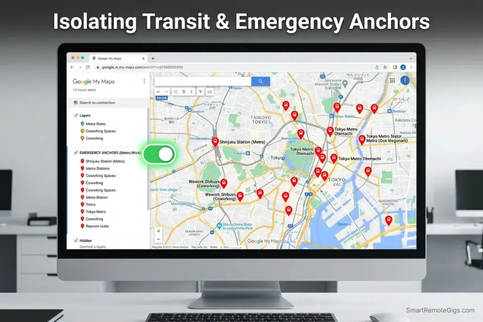 A Google My Maps interface screenshot showing a color-coded layer specifically for metro stations and offline pedestrian transit routing.