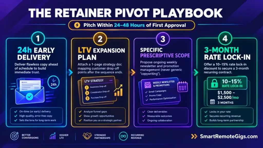 Workflow infographic illustrating how to convert one-off freelance copywriting projects into monthly retainers using an LTV expansion plan.