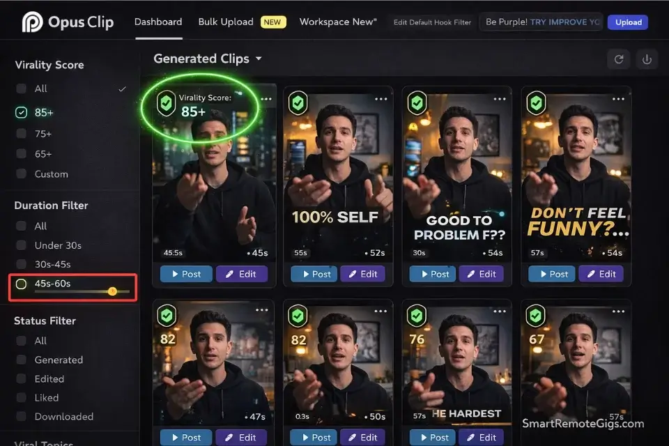 Screenshot of the Opus Clip dashboard highlighting the predictive virality score and duration filters for podcast repurposing.
