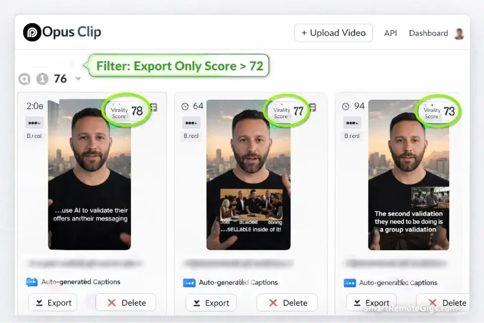 Screenshot of Opus Clip AI video tools for social media highlighting a virality score of 99.