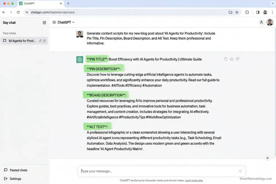 Screenshot of an AI generating fully optimized Pinterest SEO metadata including pin title, description, board description, and alt text.