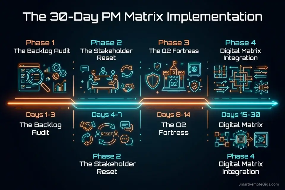 30-Day Execution Plan timeline for project managers implementing an automated Eisenhower Matrix routing system.