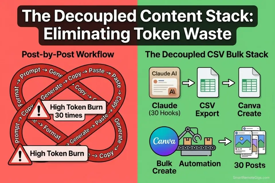  Infographic comparing the inefficient post-by-post AI prompting workflow to the streamlined CSV bulk-create AI architecture.