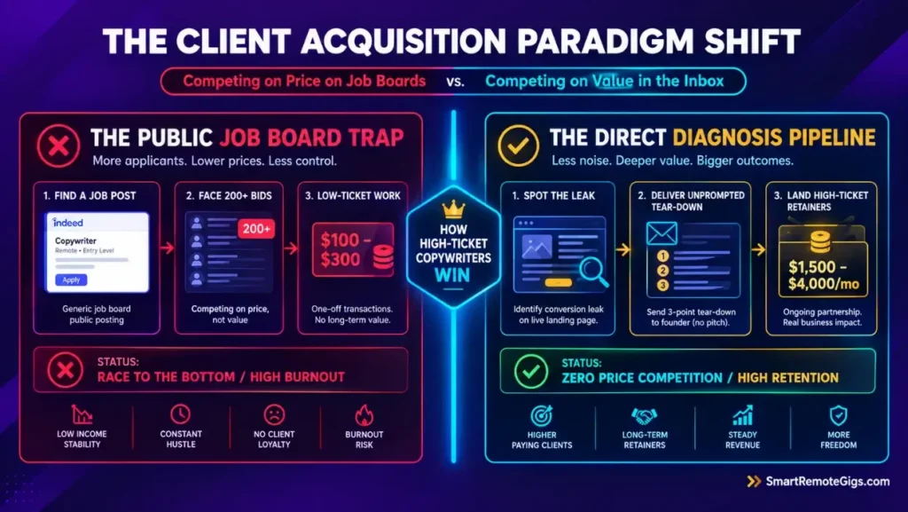 Comparison diagram showing why public copywriting job boards cause low rates versus direct founder outreach.